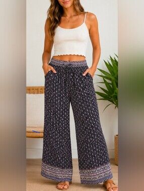 Breeze Ever XL Boho Wide Leg Rayon Palazzo Pants Floral Border Print